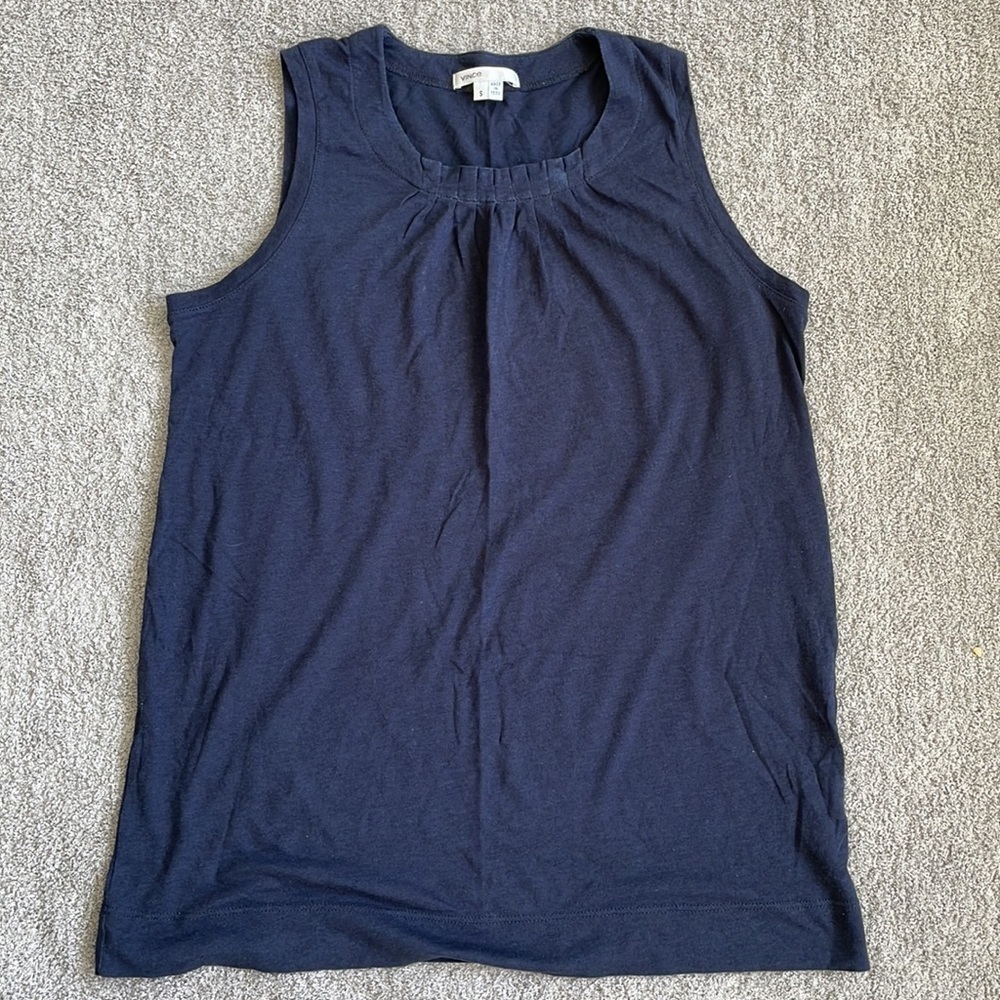 EC Vince Navy Tank Top with pleated neck detail - Size Small